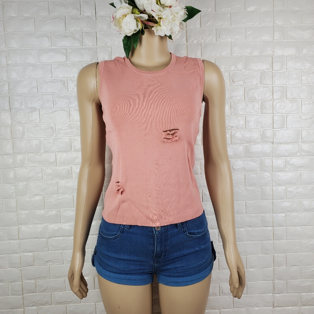 Small Peach Tattered Stretchy Top – Casual Distressed Fitted Tee - Picture 2 of 5